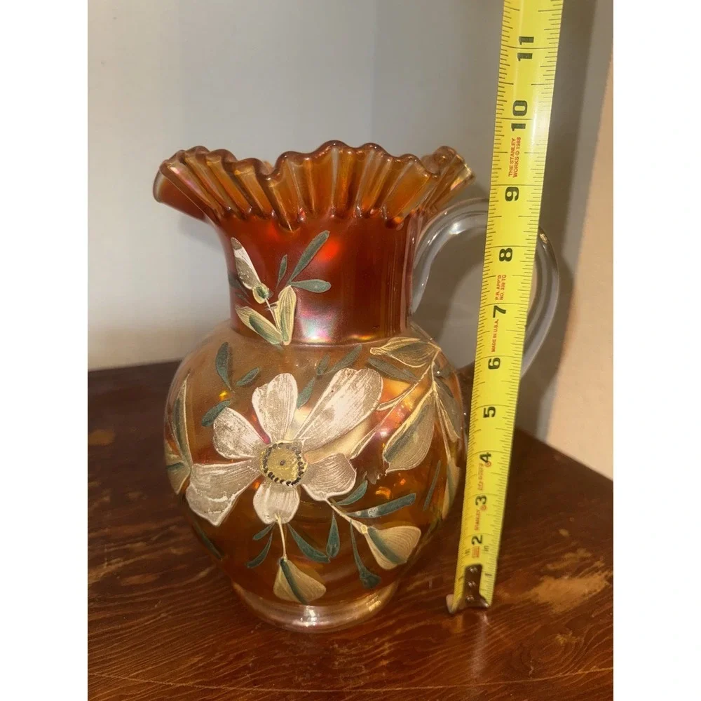 Fenton Marigold Carnival Glass Lotus Water Pitcher and 5 Glasses Set Vintage